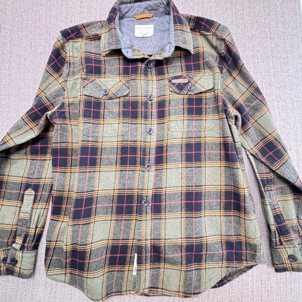 Field & Stream Mens Flannel Shirt Medium Olive Green Plaid Button Up Cotton
